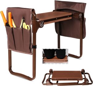 Heavy Duty Garden Kneeler and Seat Stool Garden Folding Bench with with 2 Tool Pouches & EVA Foam Kneeling Pad;  Brown