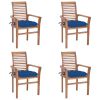 Dining Chairs 4 pcs with Blue Cushions Solid Teak Wood