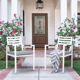 2Pcs Aluminum Teak Dining Chair;  Patio Armchair with Cushion for Indoor or Outdoor; White