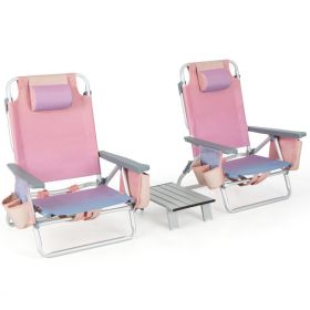 2 Pack 5-Position Outdoor Folding Backpack Beach Table Chair Reclining Chair Set (Color: pink)